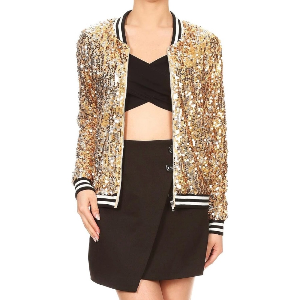 Gold Sequin Bomber Style Jacket | Sporty meets Glam! (XL) - Picture 13 of 16